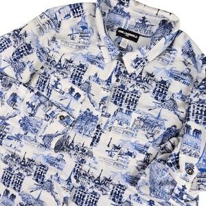 Karl Lagerfeld Paris Shirt Womens Large Blue White Paris Whimsical Print Toile